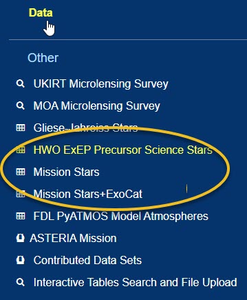 the Other section of the exoplanet archive's Data drop-down menu listing the HWO ExEP Precursor Science Stars, Mission Stars, and Mission Stars and ExoCat tables that are also called out in a yellow circle