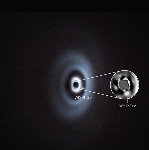 This is a direct image of the young planetary system WISPIT taken by the VLT, taken from a top-down perspective so the light-gray debr disk appears as a funnel on its side. Th host star in the center is partially obscured by a dark coronagraphic mask to reveal the much fainter surrounding features. Encircling the star is a broad, glowing circumstellar disk of dust and gas, appearing as a grainy, amber-hued ring with a distinct central clearing. Within the clearing are two bright dots of light  positioned at different distances from the star, denoting two exoplanets. WISPIT 2 b is called out with a pointer; WISPIT 2 c appears in more detail in a callout circle as it closely orbits its host.